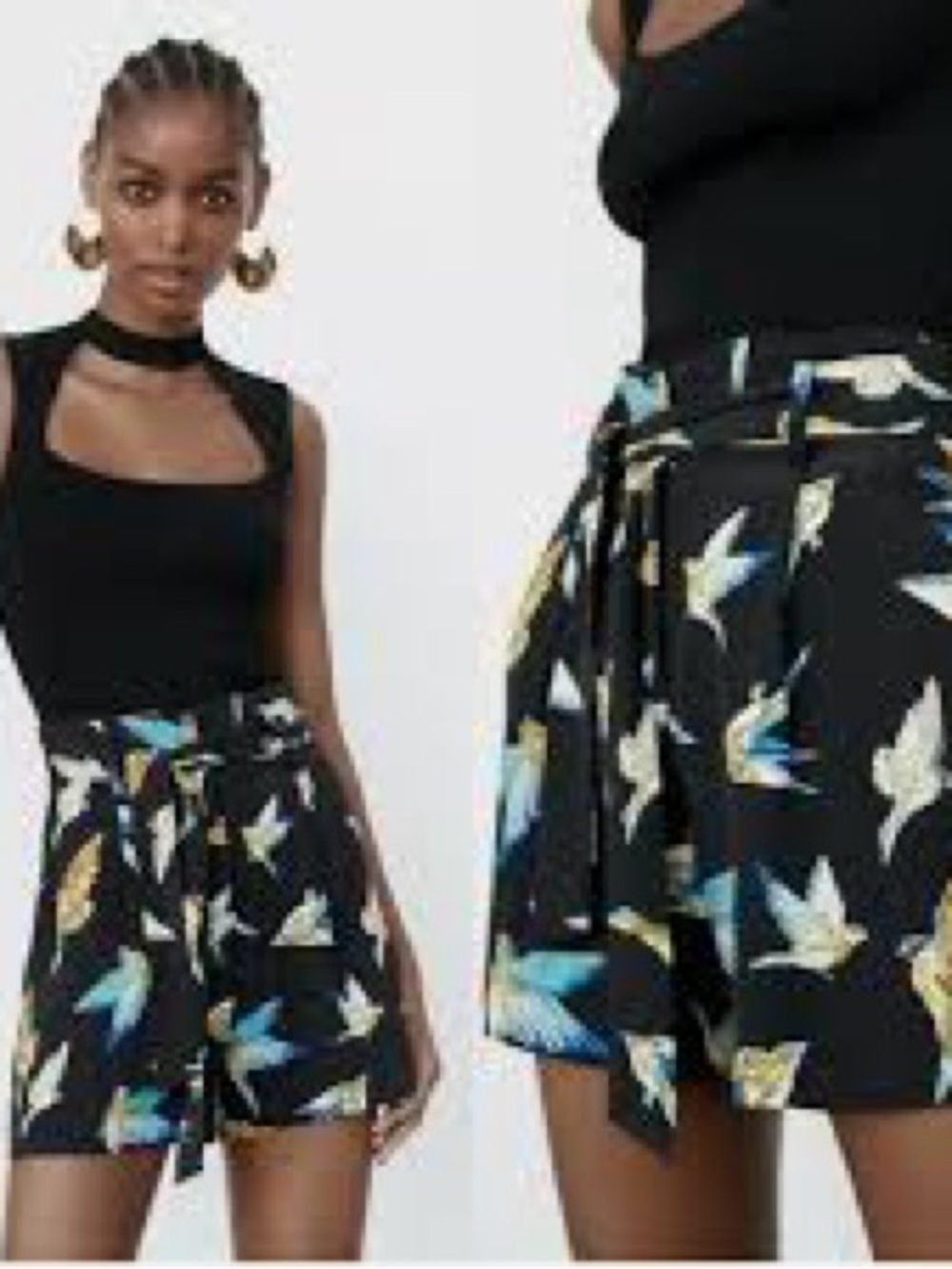 Zara Black Tie-Waist Shorts with Blue & Cream Bird Print. Small